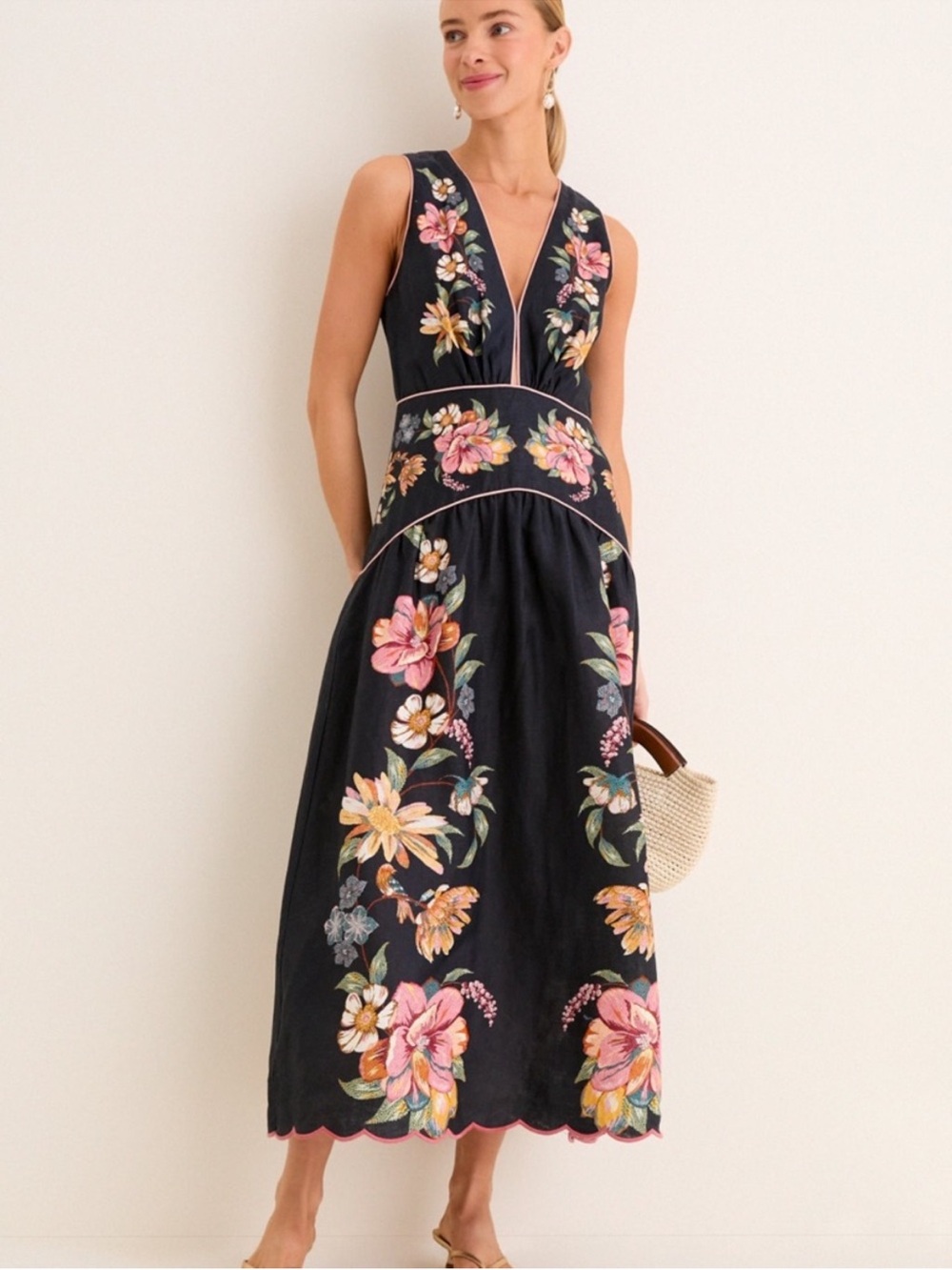 New FARM Rio Deep Indigo Blue Floral Linen Maira Sleeveless Dress Medium. - Picture 11 of 11
